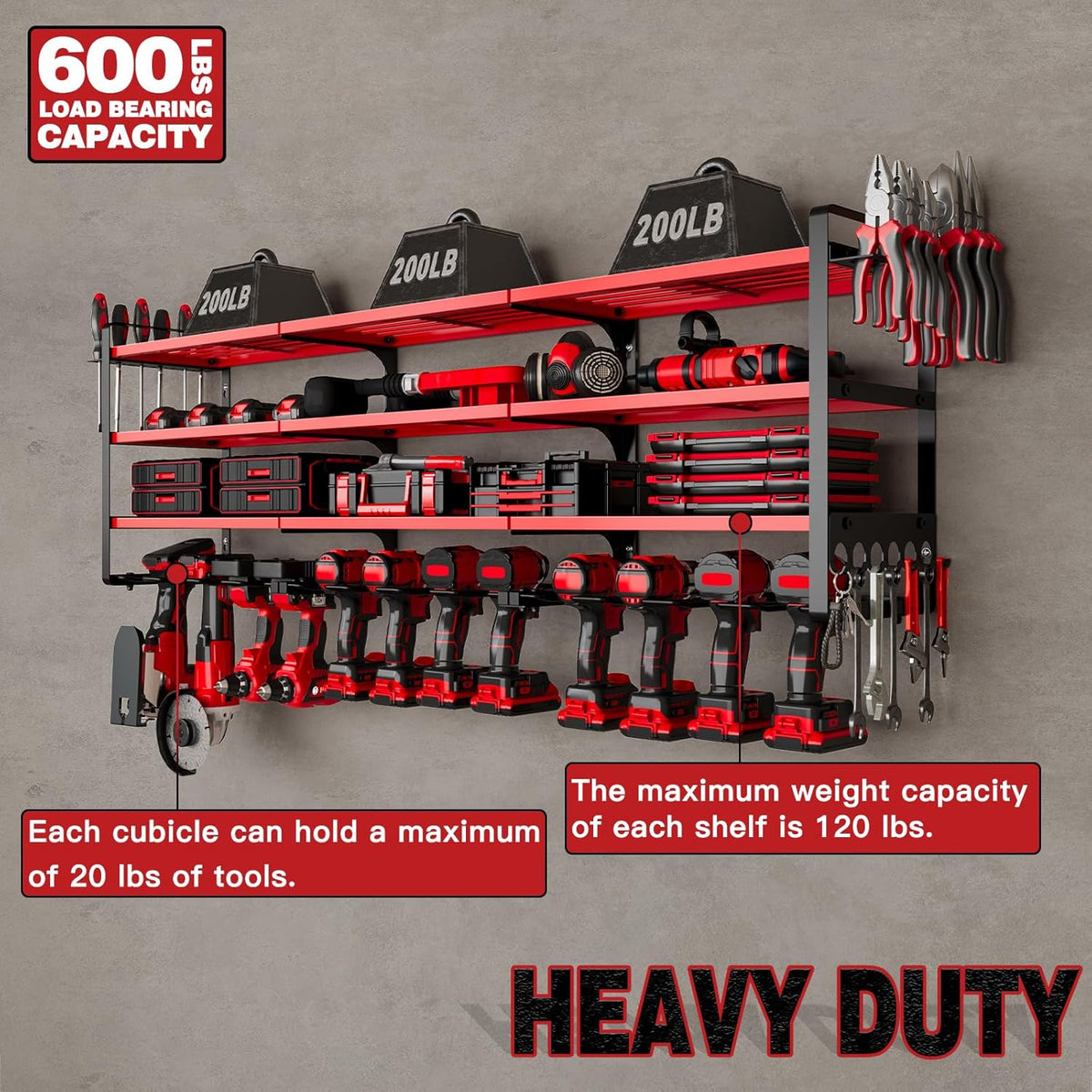 48" Large Power Tools Organizer Wall Mount,12 Drill Holder for Garage, Workshop Heavy Duty Storage Rack (Red)