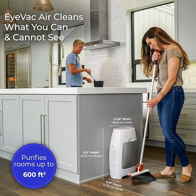 EyeVac Air 2-in-1 HEPA Air Purifier & Touchless Vacuum Automatic Dustpan - Ultra Fast & Powerful - Covers 600 Sq ft - Corded Canister Vacuum, Bagless, Automatic Sensors, 1000 Watt (White/White)