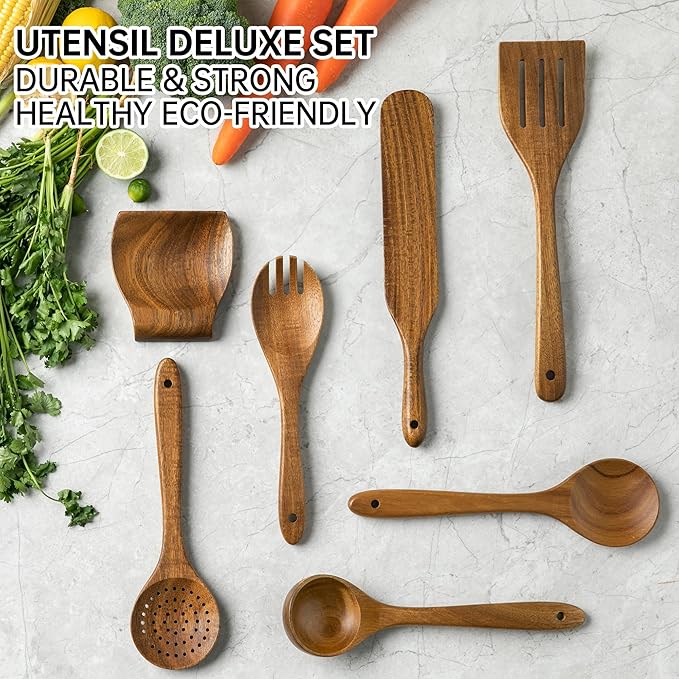 Wooden Utensil Set 8 Pcs - Natural Non-Toxic Acacia Wooden Spoons for Cooking, Nonstick, Sturdy, Non-Scratch, Easy to Clean, Wood Kitchen Utensils Set with Holder, Spoon Rest & 6 Hooks