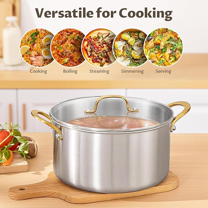 BEZIA 12 Quart 3-Ply Stainless Steel Stockpot, Soup Pot with Lid in Fully Clad Tri-Ply Stainless Steel, Even Heat Distribution, Cooking Pot with Handles, All Cooktops Compatible, Perfect for Stew