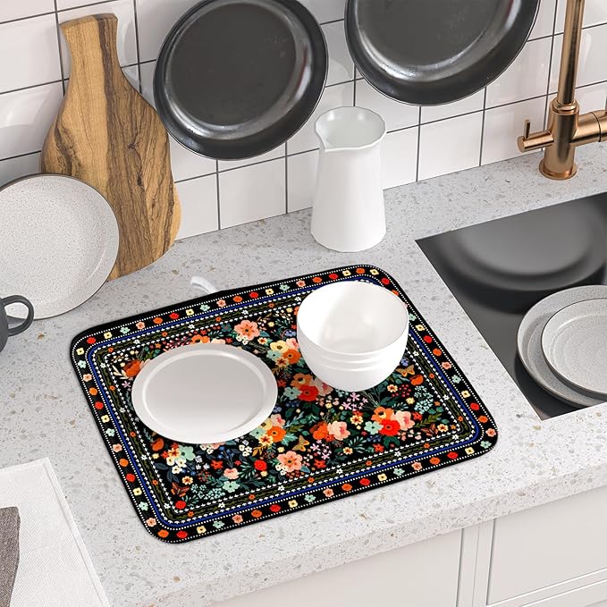 Black Flowers Dish Drying Pad Boho Floral Washable Microfiber Kitchen Mat for Home Decor