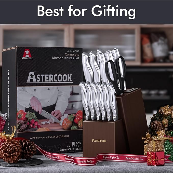 Knife Set, Astercook 15 Pieces Kitchen Knife Set with Built-in Sharpener, German Stainless Steel Knife Block Set, Razor-Sharp Knives with Full-tang Handle, Dishwasher Safe, Mothers Day Gifts