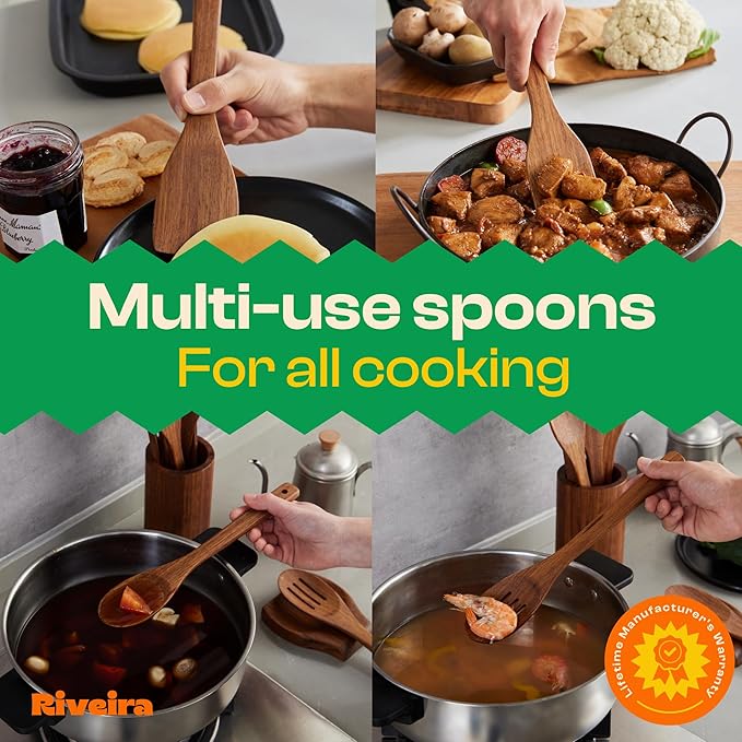 Riveira Teak Wooden Spoons for Cooking Set of 6 – Natural Teak Wooden Cooking Utensils, Wooden Spatula, Wooden Spoon - Premium Quality Utensil Set for Non-Toxic Cooking