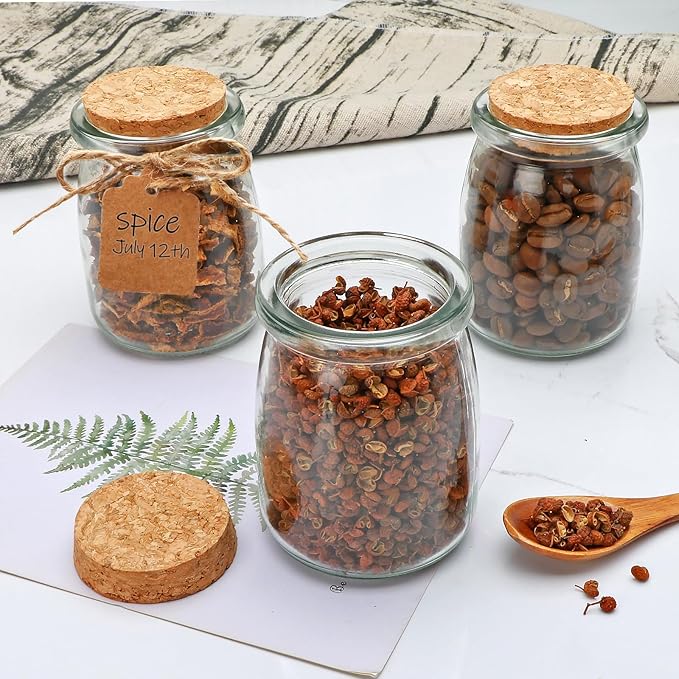 Brajttt Mini Yogurt Jars 6 Pack, 7 oz Glass Favor Jars with Cork Lids, Pudding Containers with Lids, Mason Jar Wedding Favors Honey Pot with Label Tags and String