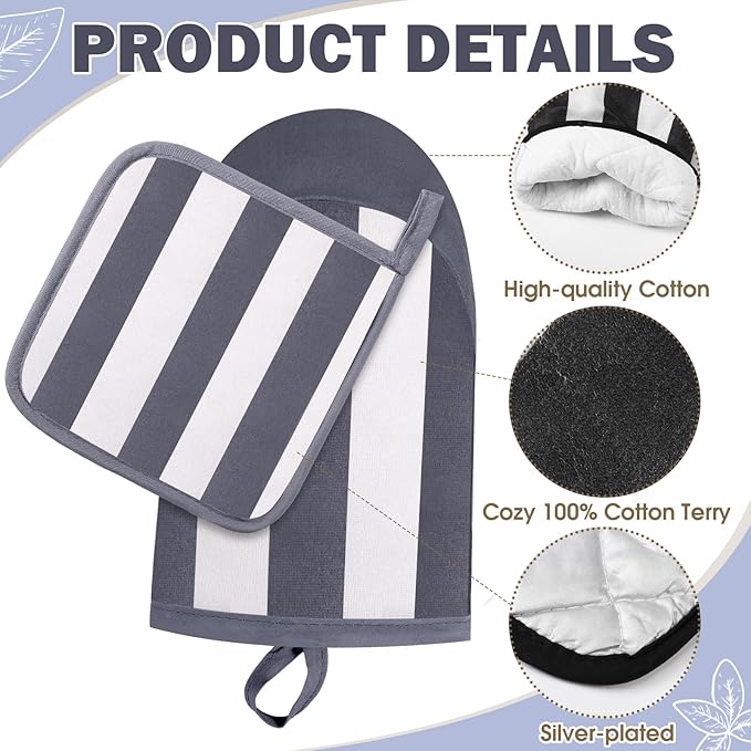 Reallnaive Oven Mitts and Pot Holders 4 Pcs Set for Kitchen, Stripe Cotton Oven Mitten Gloves Hot Pads Heat Resistant 500°f Outdoor Indoor Garden Baking Cooking BBQ Gift Hanging Loop, Beige (Gray)