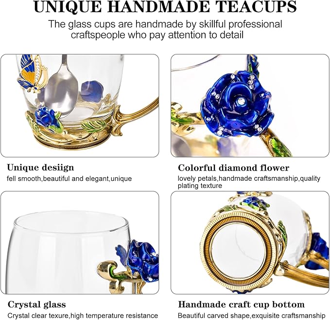 OEAGO Gifts for Mom Women Mothers Day Glass Coffee Enamels Mug Best Birthday Butterfly Rose Gifts for Her from Daughter Son Lead-Free Christmas Blue Tea Cup with Spoon Set