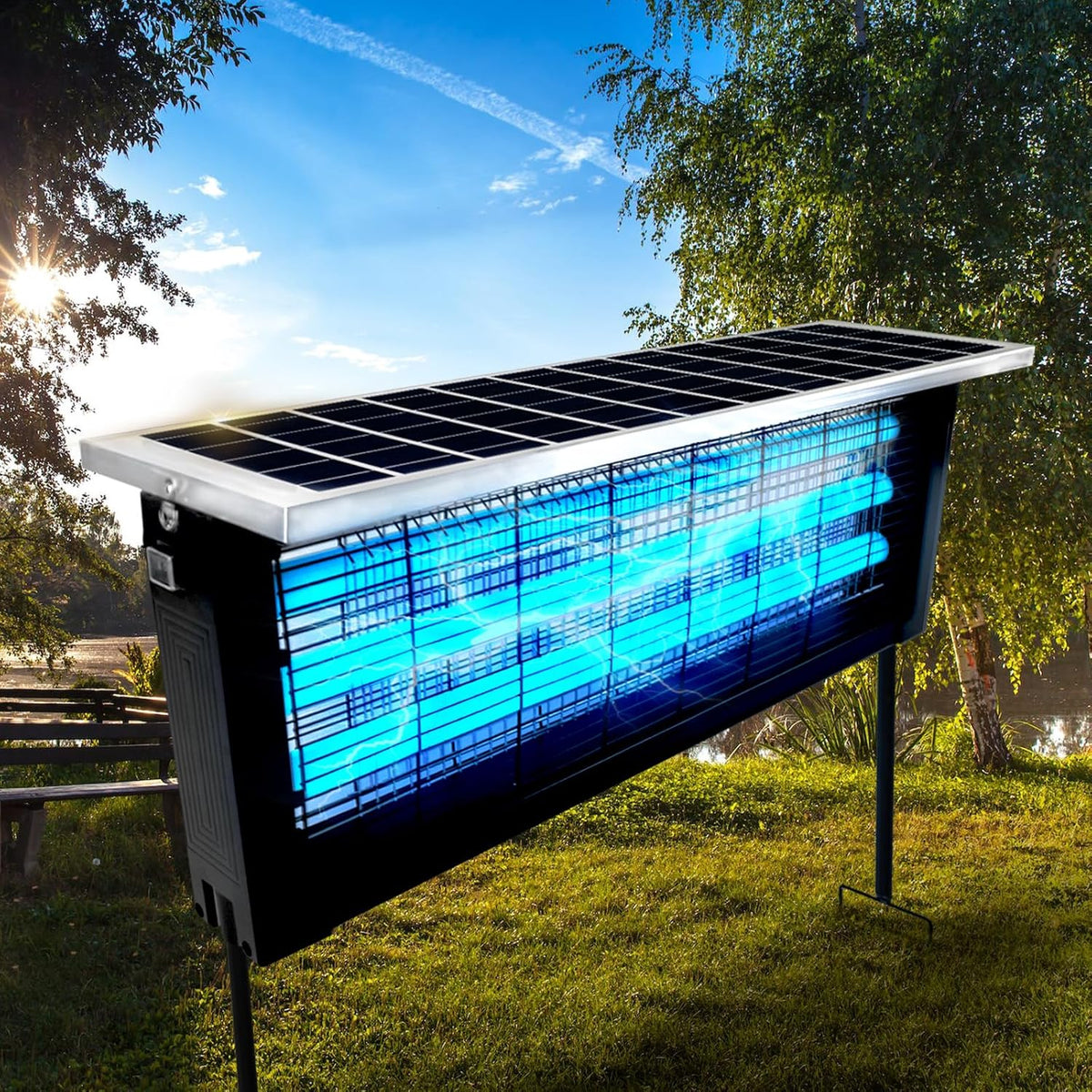Powerful Large Solar Bug Zapper Outdoor for 4000 sq.ft, Rechargeable Mosquito Zapper with High Powered, Cordless Solar Fly Zapper for Patio Garden Backyard RV Camping Pond with 18W Solar Panel