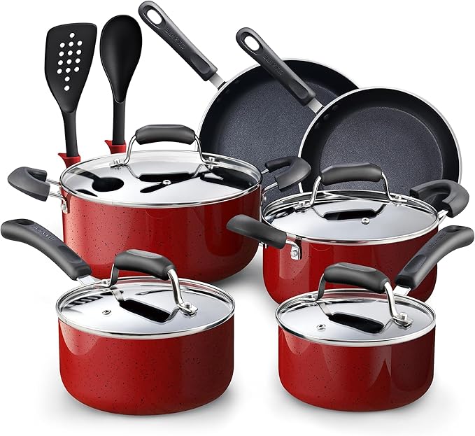 Cook N Home Pots and Pans Nonstick Cookware Set 12-Piece, Kitchen Cooking Set with Frying Pans and Saucepans, Induction Compatible, Marble Red