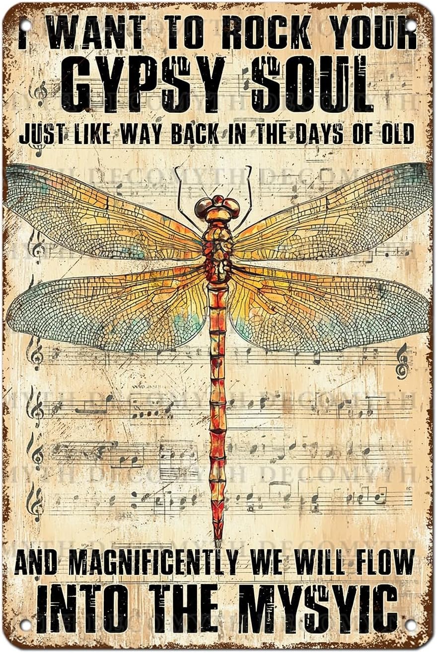 Dragonfly Decor I Want to Rock Your Soul Into The Mystic Vintage Metal Tin Sign for Home Cafe Bedroom Library Bookshelf Wall Decor 12 * 8inch