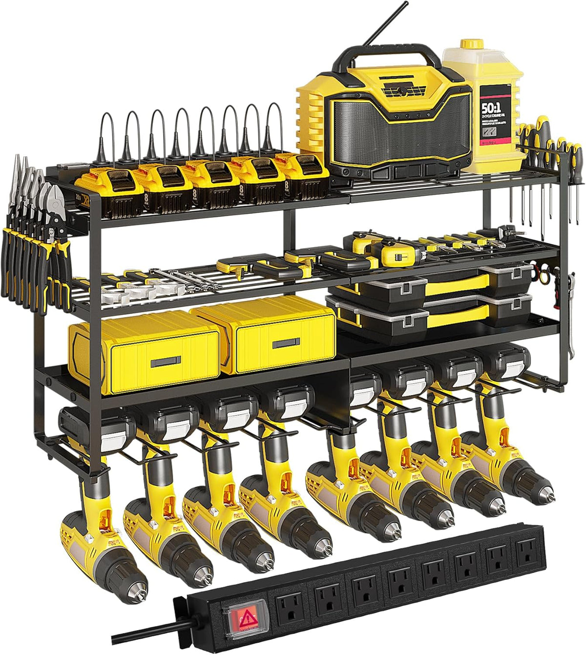 ‌Heavy Duty 4-Layer Power Tool Organizer Wall Mount with 8 Outlet Power Strip- Holds 8 Cordless Drills, 400lbs Capacity Metal Garage Storage Rack‌