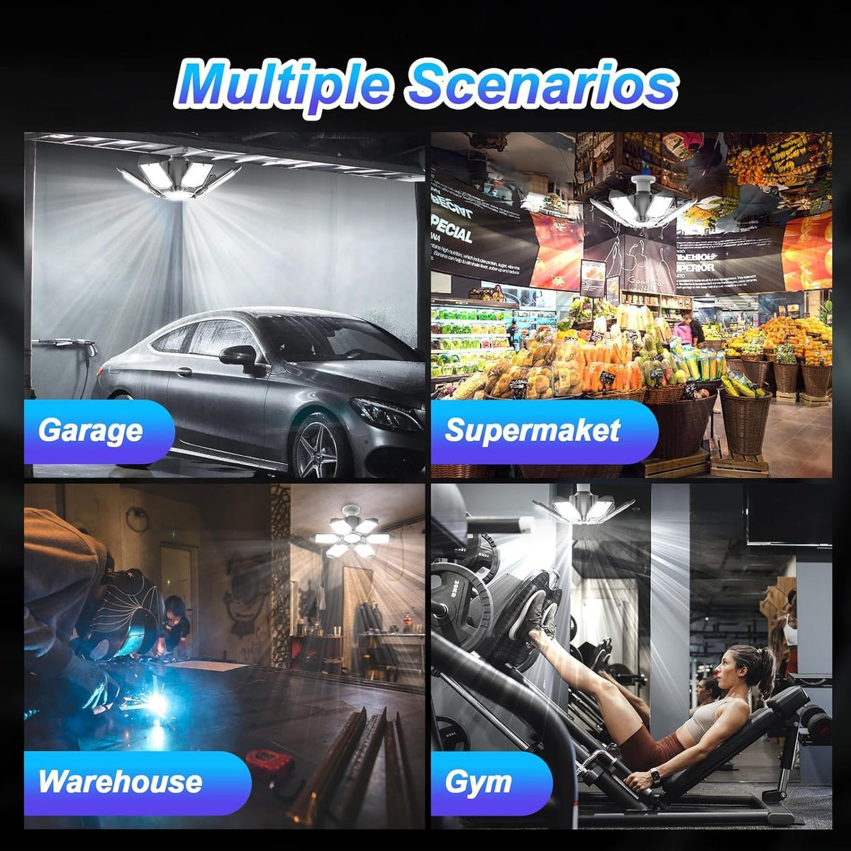 6 Pack 220W Garage Light Ceiling Led Deformable LED Shop Lights for Workshop E26 E27 Screw in Garage