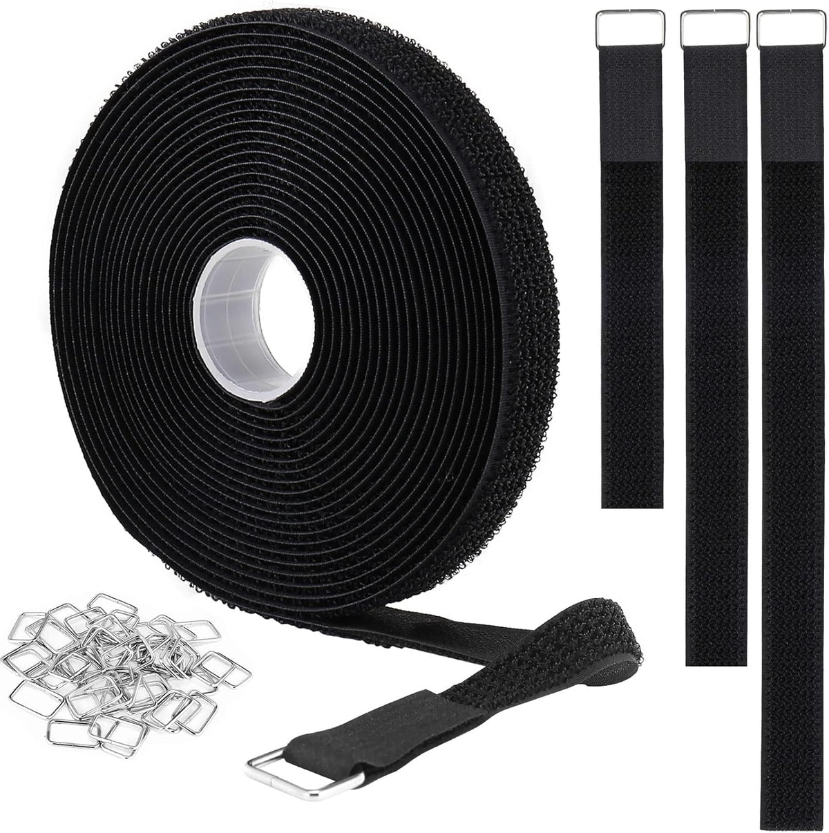 1"x16ft Hook and Loop Straps with 25 Metal Buckles, Adjustable Fastening Cable Straps, Cut-to-Length Cinch Strap, Reusable Nylon Securing Cord Ties for Organizer or Storage, 1 inch Wide, Black