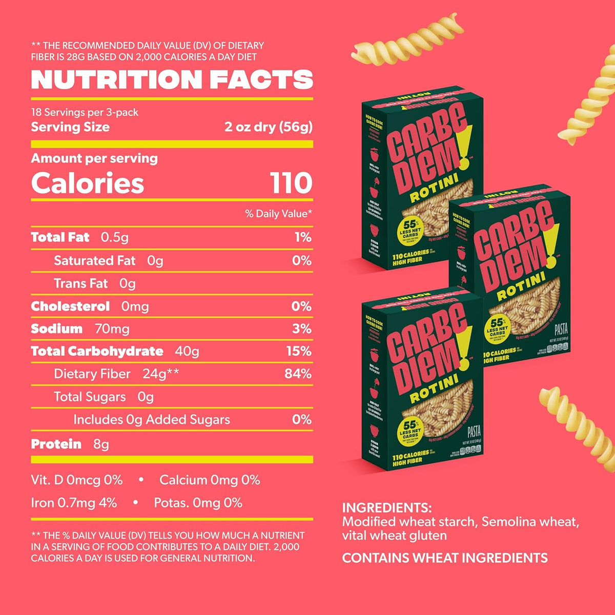 Carbe Diem!, Rotini, Lower Net Carb Pasta with Traditional Flavor & Texture, 55% Fewer Net Carbs & Only 110 Calories Per Serving, Pack of 3
