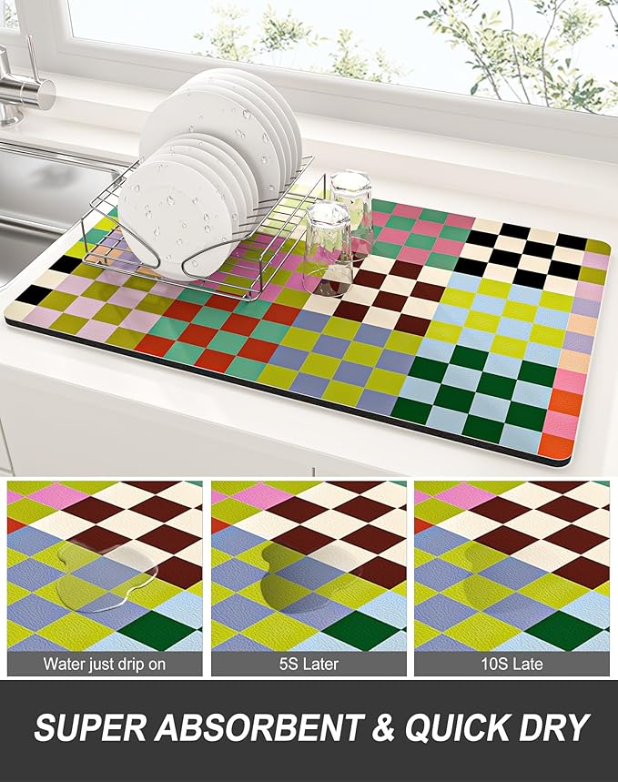 Rnivvi Dish Drying Mat for Kitchen Counter, 12 x 19" Cute Checkered Absorbent Draining Pad, Non-Slip Heat Resistant Coffee Bar Mats for Coffee Machine Station Accessories, Colorful Dish Rack Pad