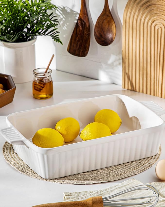 MALACASA 4.4 QT Baking Dish, 9x13 Large Casserole Dish for Oven, Ceramic Baking Pan, Rectangular Lasagna Pan Deep with Handles for Baking, Durable Microwave Oven Safe, Wedding Gift,White, Series BAKE-BAKE