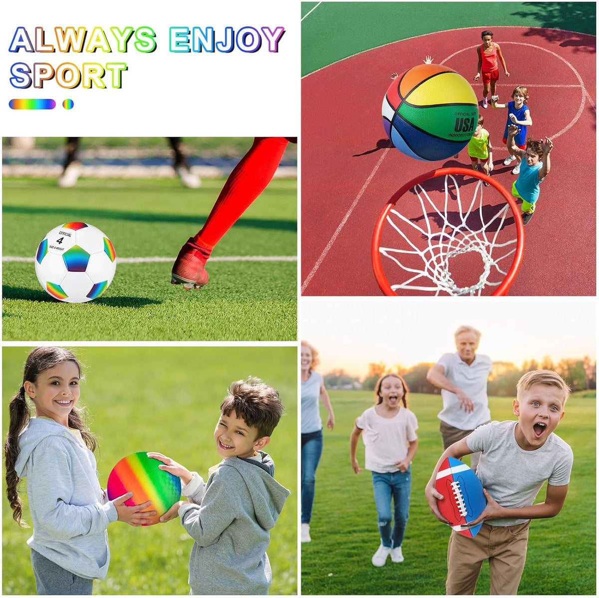 Deekin 4 Pcs Sport Balls Set for Kids Teens, Include Official Size 5 Basketball 4 Soccer 6 Football Playground Ball and Pump Sports Equipment Bag Recess Equipment Sport for Students(Rainbow Color)