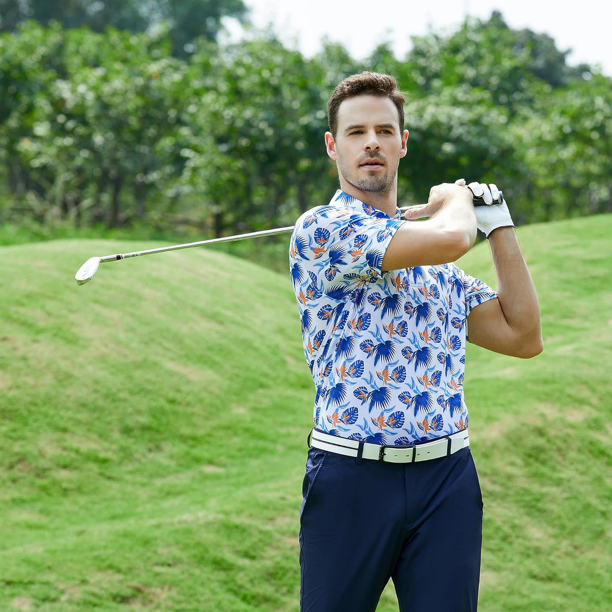 Esabel.C Golf Shirts for Men Dry Fit Performance Short Sleeve Print Moisture Wicking Collared Shirt