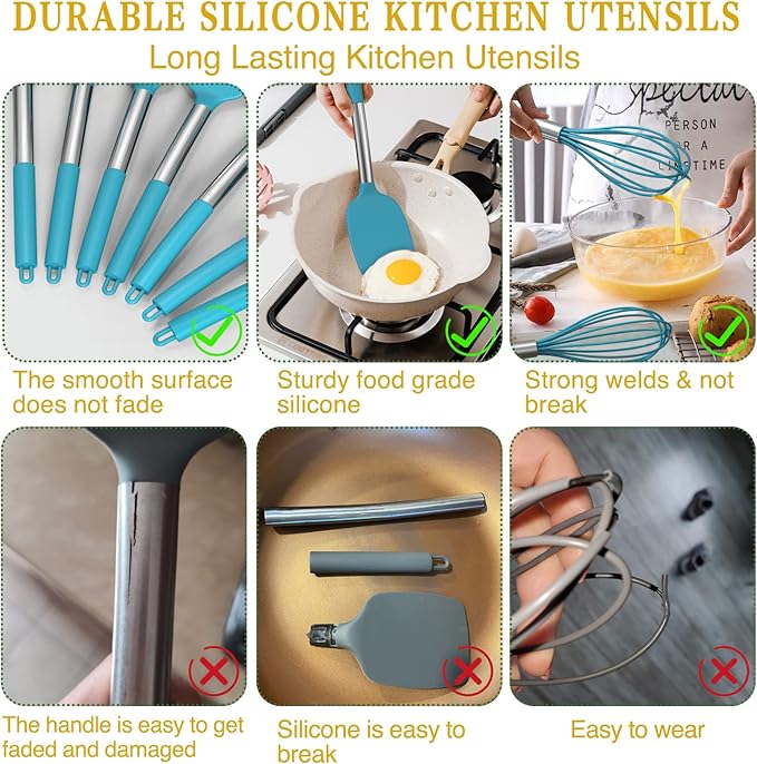 15 Pcs Silicone Cooking Utensils Kitchen Utensil Set - Umite Chef 446°F Heat Resistant Stainless Steel Handles Kitchen Gadgets Tools Set for Nonstick Cookware(Blue)