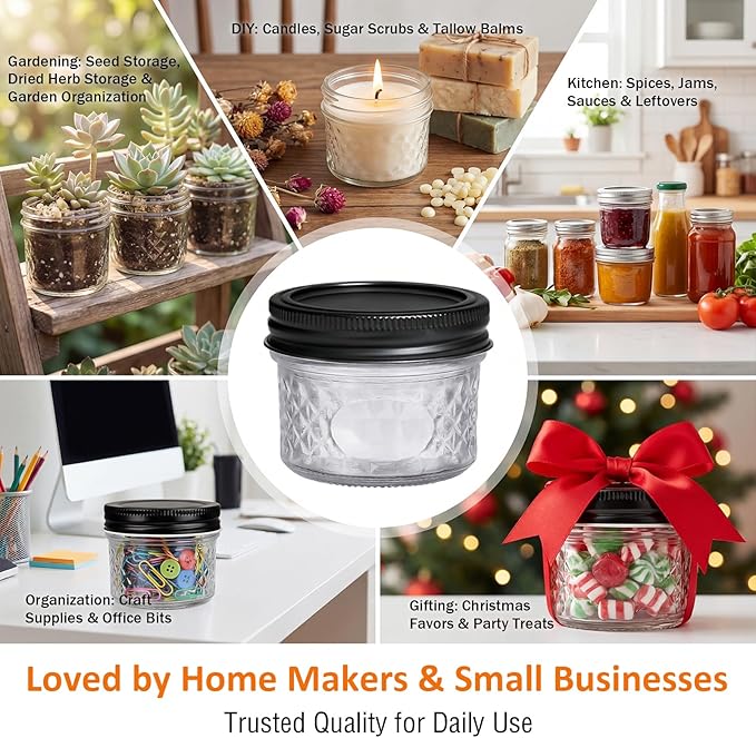 4oz Clear Glass Mini Mason Jars, 40 Pack Small Clear Canning Jars with Black Separable Lids and Diamond appearance for Spice, Honey, Jam, Caviar, Candle Making, Wedding Favors & Kitchen Storage