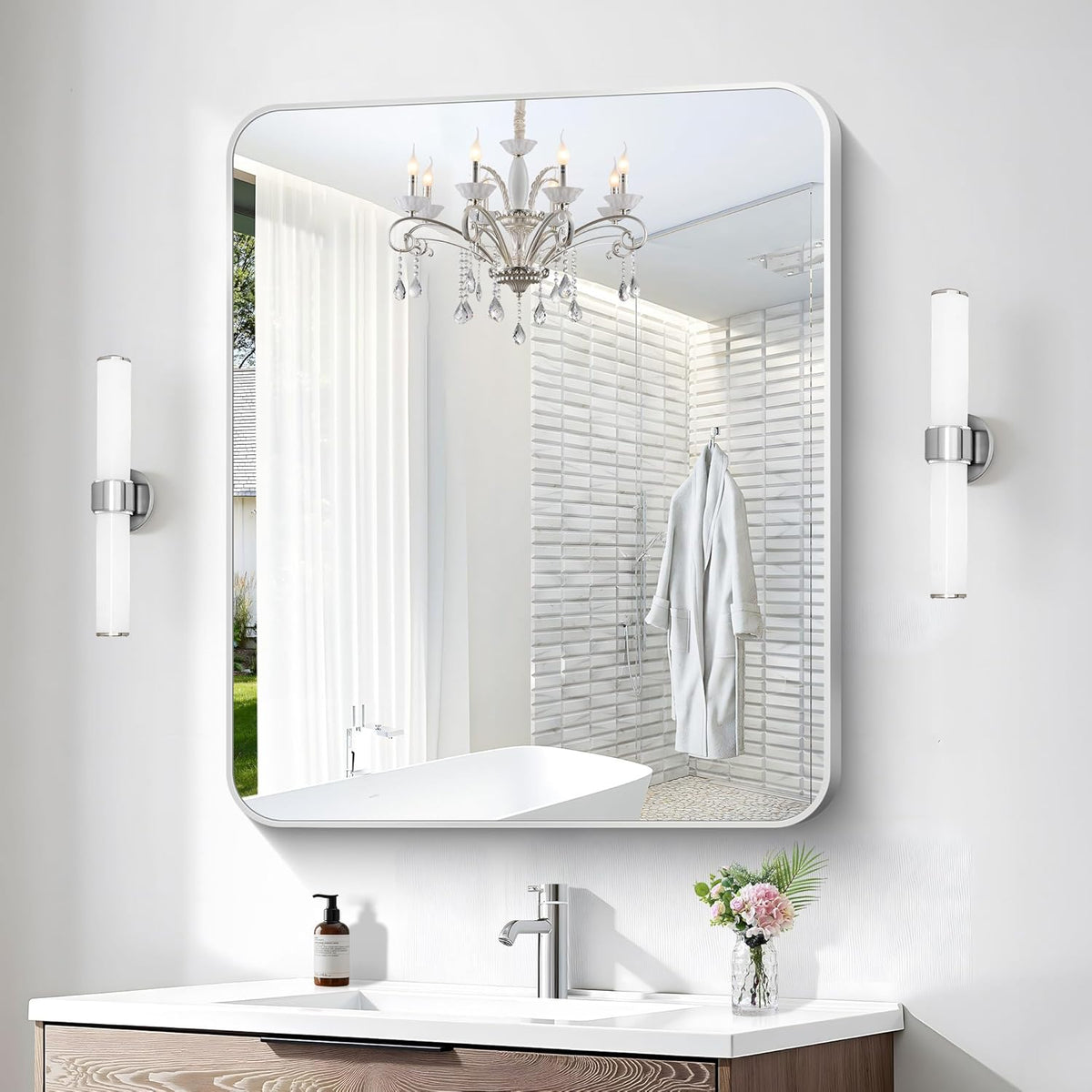 Silver Bathroom Mirror,30x36 inch Wall Mirror for Bathroom Wall Mounted,Rectangle Mirror for Bathroom Over Sink,Modern Frame Round Corner for Living Room,Bedroom Entryway,Horizontal/Vertical