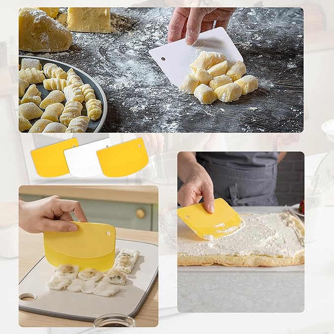5 Pcs Bench Scraper, Bench Scraper Kitchen 2 Pcs Stainless Steel Dough Scraper with Wood Handle and 3 Pcs PP Food Scraper with Hanging Hole, Multipurpose Bread Dough Cutter for Baking-Yellow