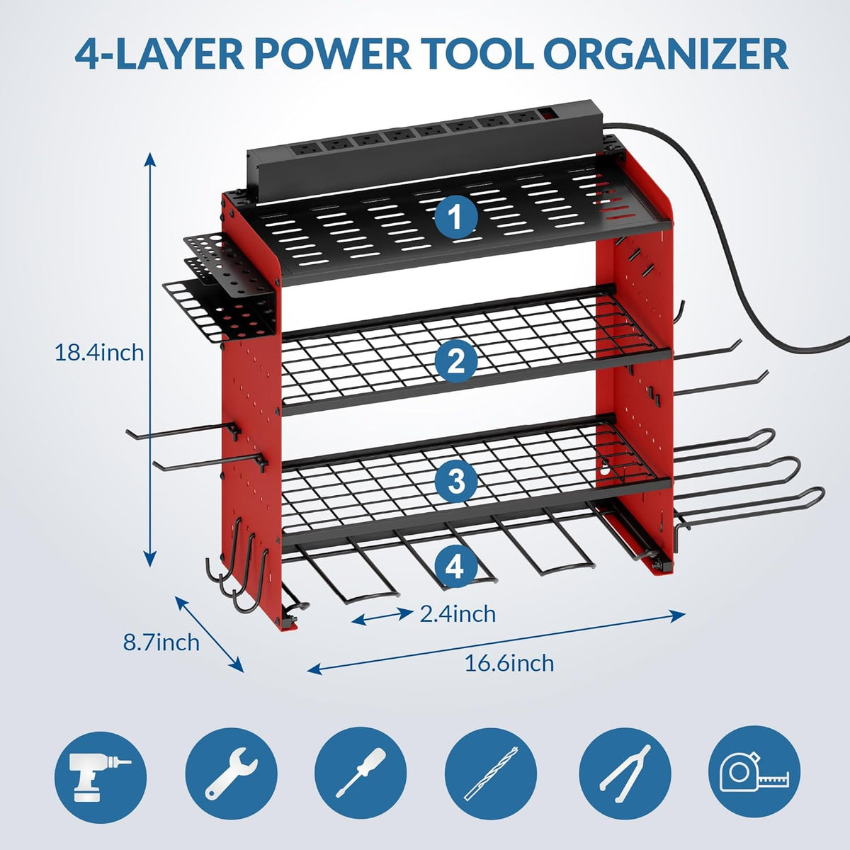 Power Tool Organizer with Charging Station, 4 Layers Garage Storage Rack with 6 Drill Holders, Father's Days Gift For Dad, Wall Mount Garage Organizer Built in 8 Outlets Power Strip, Red
