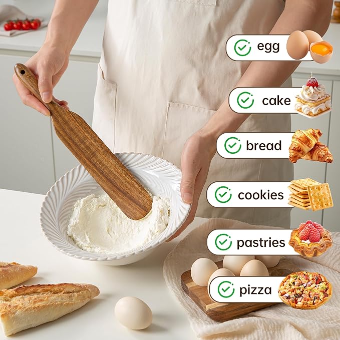 Wooden Utensil Set 8 Pcs - Natural Non-Toxic Acacia Wooden Spoons for Cooking, Nonstick, Sturdy, Non-Scratch, Easy to Clean, Wood Kitchen Utensils Set with Holder, Spoon Rest & 6 Hooks