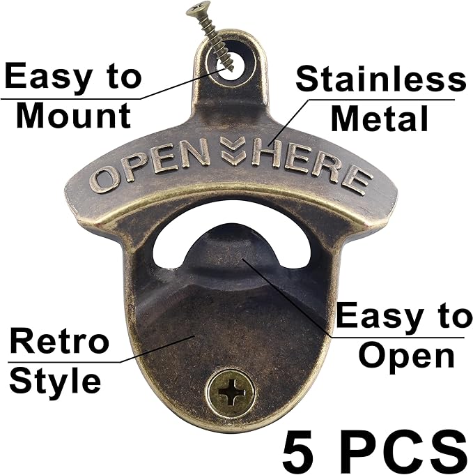 Antique Bronze Beer Cap Opener Moubtable for Post, Old Fashioned Bottle Opener Wall Mounted Stainless (5 Packs)