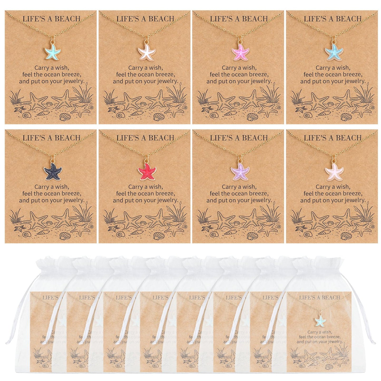 Kingdder 8 Set Starfish Necklace for Women Beach Gold Starfish Necklace with Card Organza Bag Hawaii Ocean Pendant Boho Summer Jewelry Gift Bulk for Birthday Vacation Party Favor
