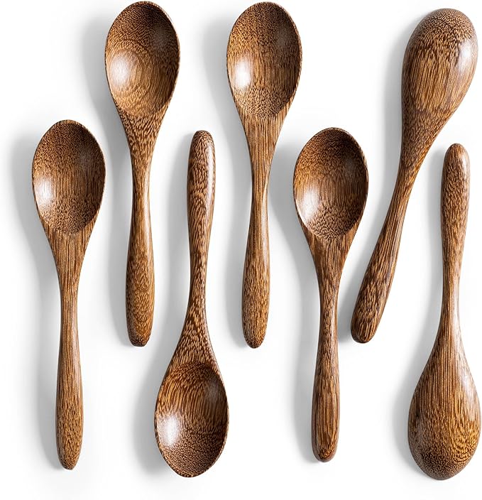 7 PCS Small Wooden Spoons, 5.8 Inch Honey Spoons for Tea, Padauk Wooden Honey Teaspoon for Coffee, Little Tiny Wood Spoons, Bamboo Table Spoon for stirring, Wooden Spoons for Utensils Set