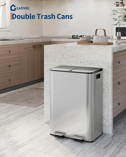 Garvee Double Trash Can, 2 x 8 gal (2 x 30 L) Garbage Can for Kitchen Dual Compartment Recycling Kitchen Step Trash Bin, Stainless Steel Trash and Recycle Bin Combo with Soft-Close Lid,Silver