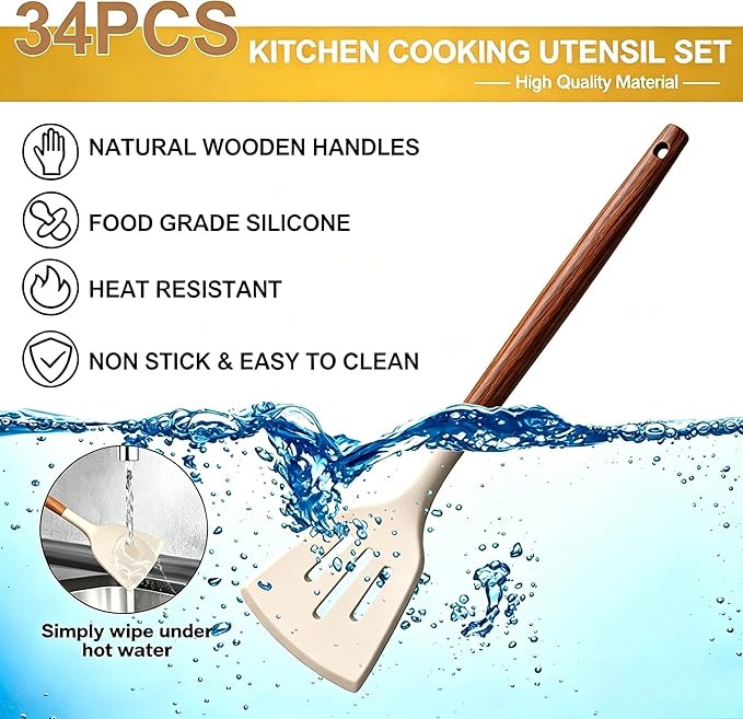 Thickened Silicone Cooking Utensils Set with Natural Wooden Handle- Umite Chef Khaki Kitchen Utensils Set, 34PCS Heat Resistant Kitchen Gadgets Tools Set, Kitchen Spatula Set for Nonstick Cookware