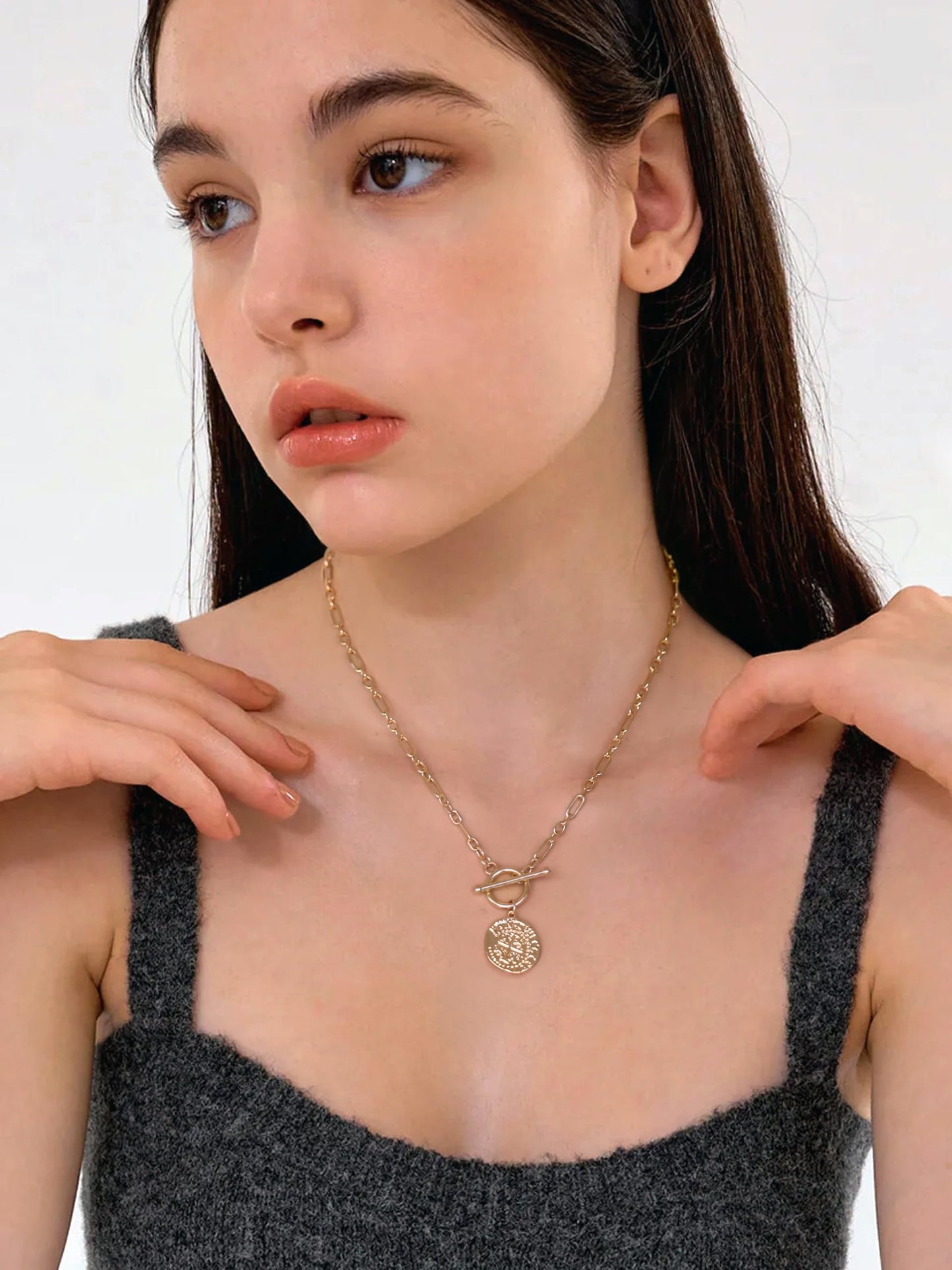 PEARLADA Vintage Cross Pendant Coin Necklace, 18k Gold Plated Paperclip Necklace with Toggle, Dainty Christian Jewelry