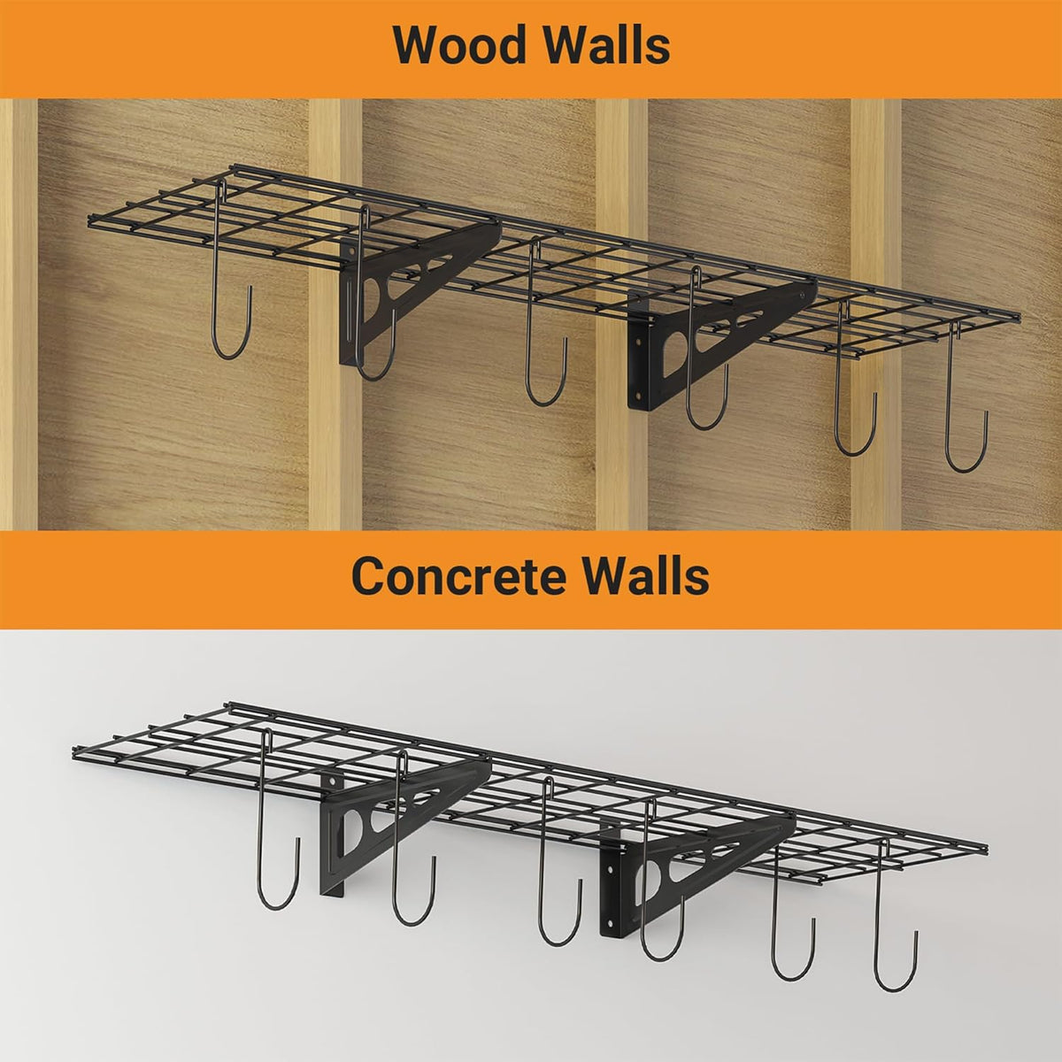 1x4 ft Garage Shelving with 6 Bike Hooks, 1-Pack Wall-Mounted Shelve for Garage, Kitchen, Pantry Storage, 150 lbs Total Load Capacity Wall Shelving, Black