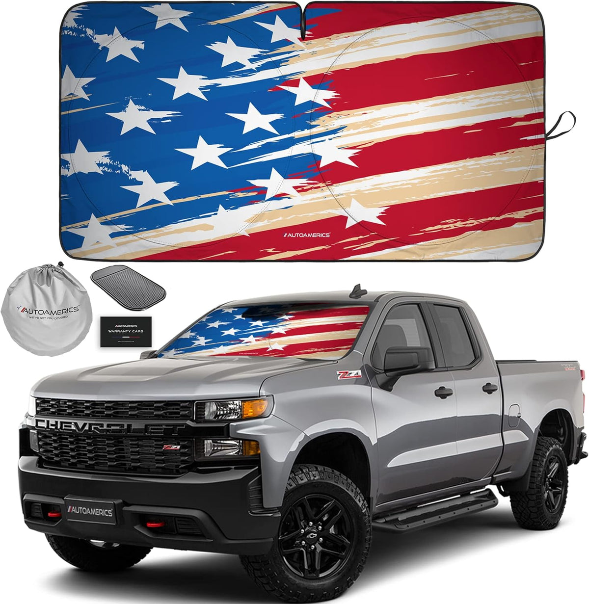 Autoamerics 1-Piece Windshield Sun Shade USA Art Flag - 1 American Design - Foldable Car Front Window Sunshade for Most Sedans SUV Truck - Blocks Max UV Rays and Keeps Your Vehicle Cool - Large