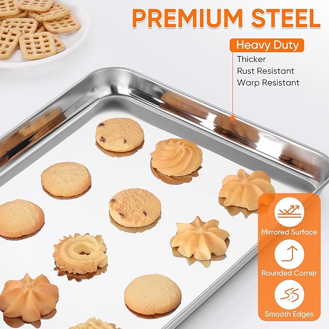 LIANYU Stainless Steel Tray for Baking, 9.2x7” Small Cookie Baking Sheet Pan, Metal Cooking Sheet Tray for Oven, Rust Free & Mirror Finish, Dishwasher Safe, 2 Pack