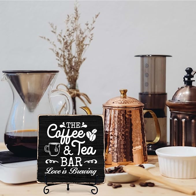 Coffee Bar Sign, Love is Brewing Farmhouse Tabletop Decor, Coffee and Tea Lover Gifts, 5x5 Wood Plaque with Iron Stand for Home Kitchen Cafe, Coffee Bar Decor – L01