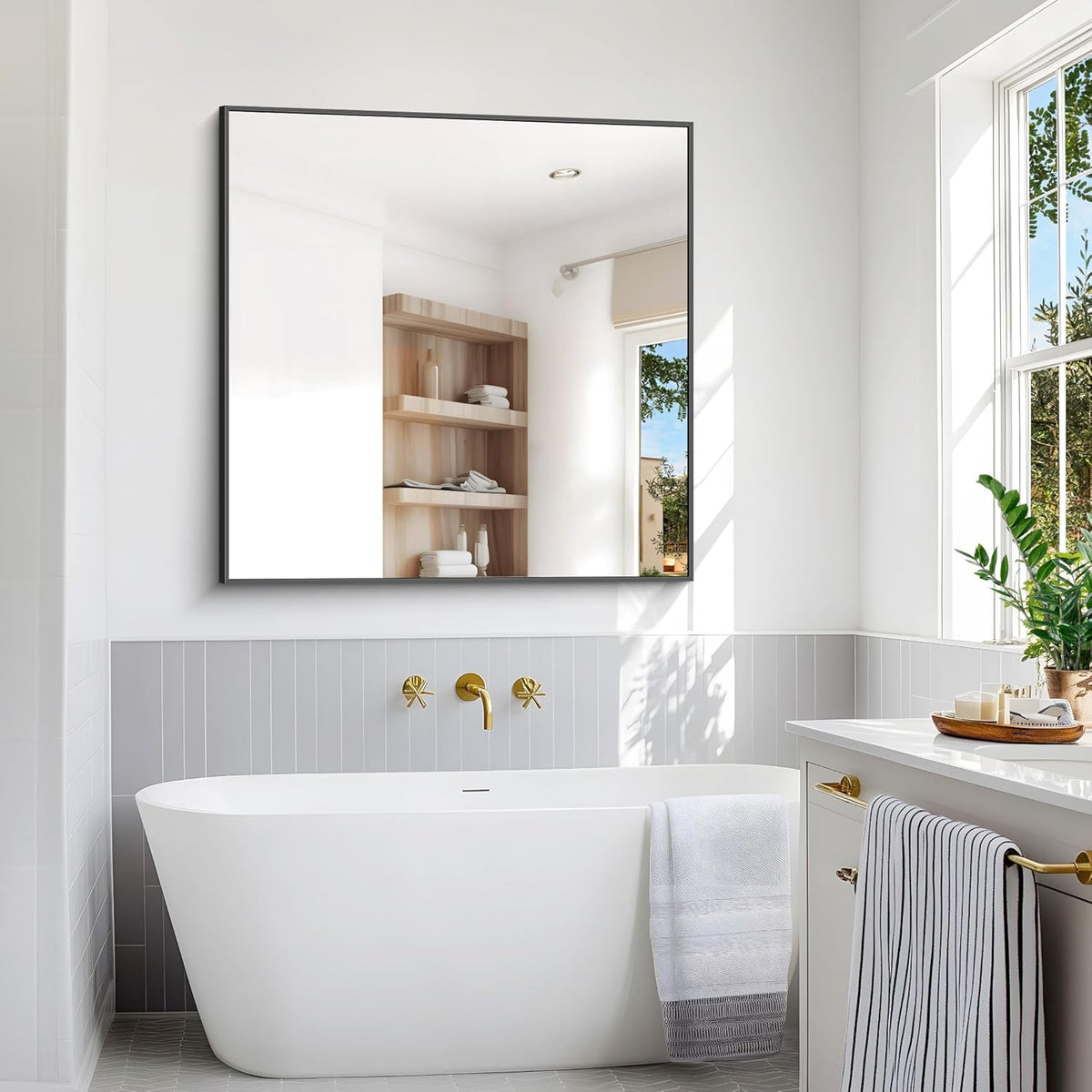 Bathroom Mirror,48x48 inch Large Wall Mirror for Bathroom Wall Mounted,Black Rectangle Wall Mirrors,Square Mirror for Living Room,Farmhouse, Bedroom Entryway, Horizontal/Vertical