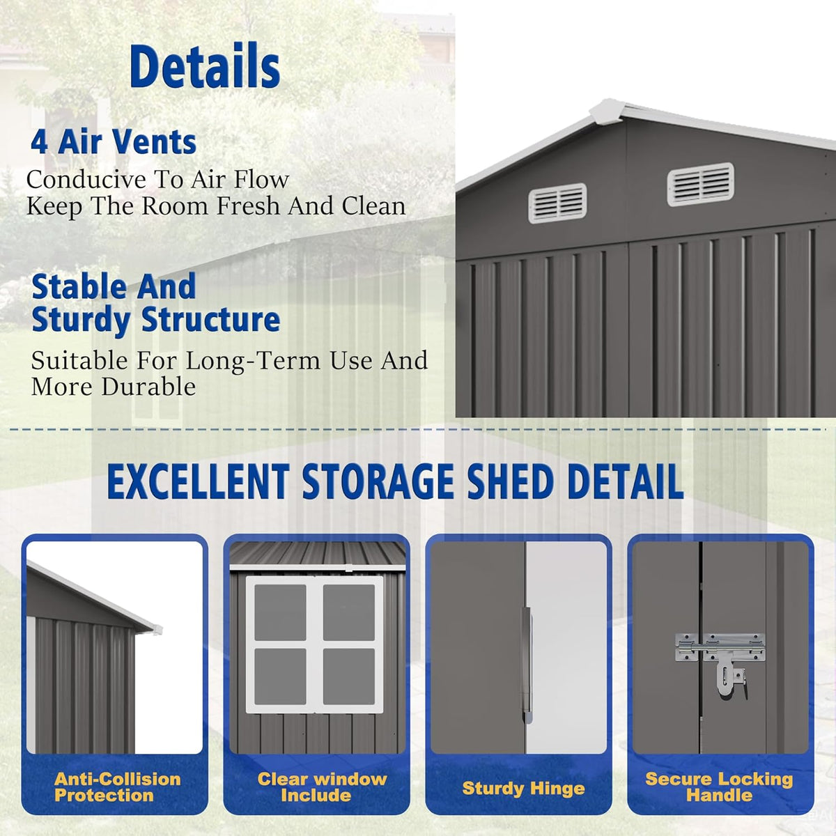 8X10 FT Outdoor Storage Shed with Window, Metal Sheds & Outdoor Storage with Lockable Door and 4 Vents, Outside Storage Shed Waterproof for Backyard, Garden, Patio, Gray