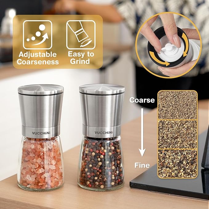 VUCCHINI Salt and Pepper Grinder Set - Adjustable Stainless Steel Spice Ceramic Grinders Mill Shaker for Kitchen Table - Stainless Steel color