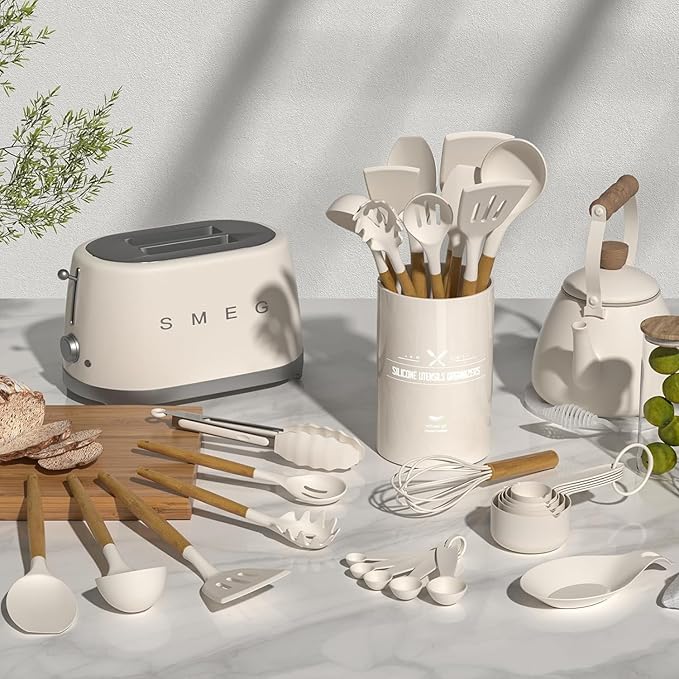 Thickened Silicone Cooking Utensils Set with Natural Wooden Handle- Umite Chef Khaki Kitchen Utensils Set, 34PCS Heat Resistant Kitchen Gadgets Tools Set, Kitchen Spatula Set for Nonstick Cookware