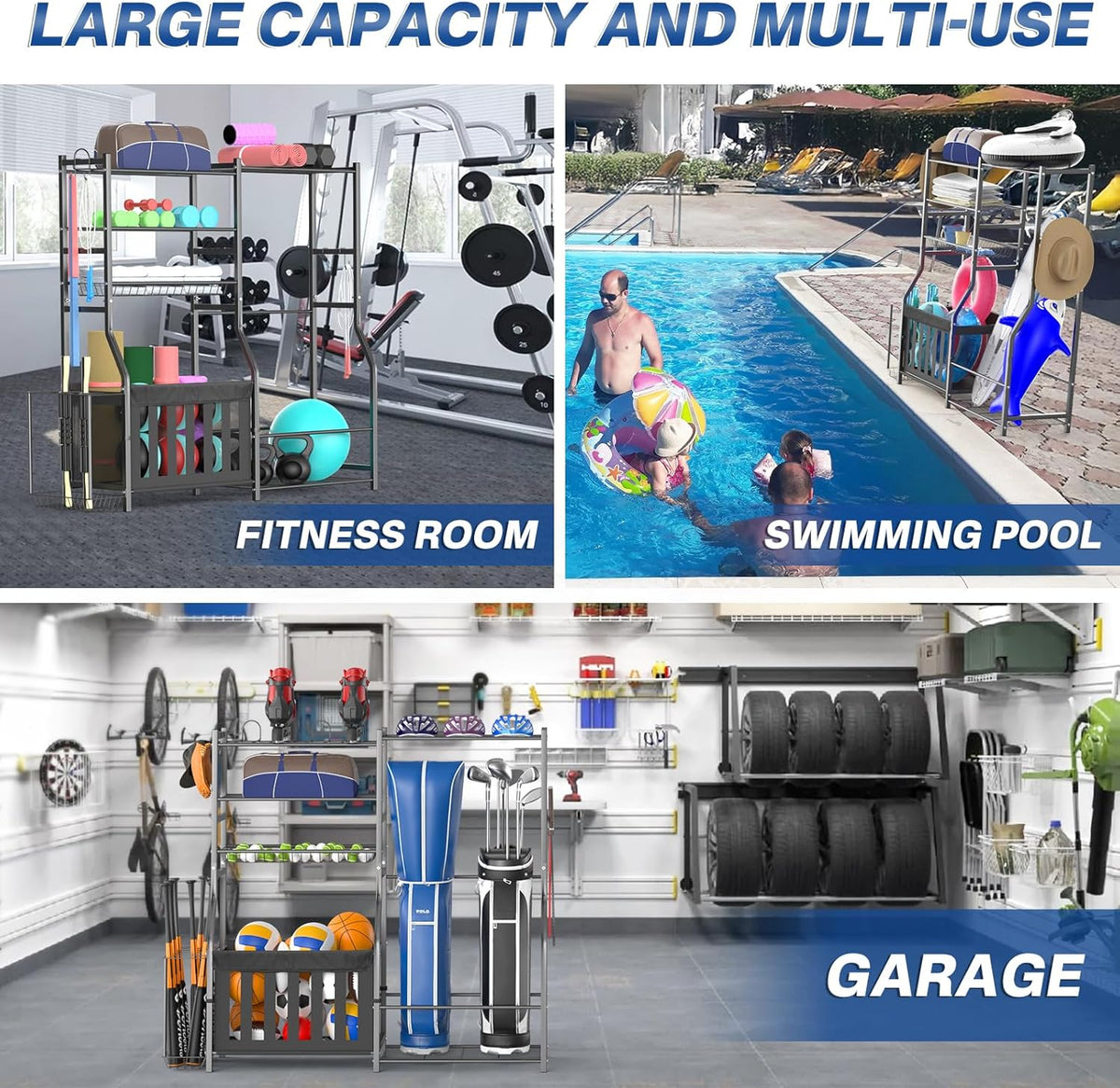 Garage Sports Equipment Organizer, Strong Load Bearing Golf Bag Organizer, Multi Use Golf Ball Rack Basketball Rack for Sports Gear and Outdoor Toy Ball Storage