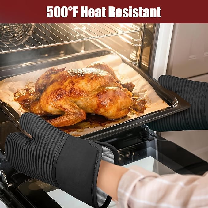 Oven Mitts and Pot Holder Sets with Silicone Grip, 500°F Heat Resistant-6 Pack Dishcloth/Dish Towels for Kitchen 100% Cotton-Value Kitchen Essentials for Cooking, Baking, Grilling-Black
