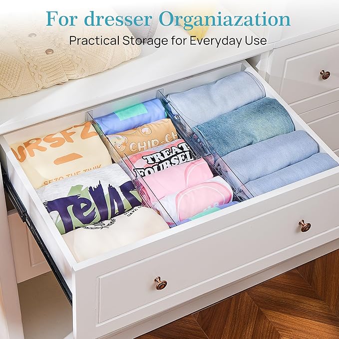 Vtopmart 8 Pack Drawer Dividers for Clothes, 4" High 10.2"-16.5" Adjustable Expandable Dresser Drawer Organizer, Clear Plastic Separators for Dresser, Baby Clothing, Underwear, Cosmetic, Toiletries