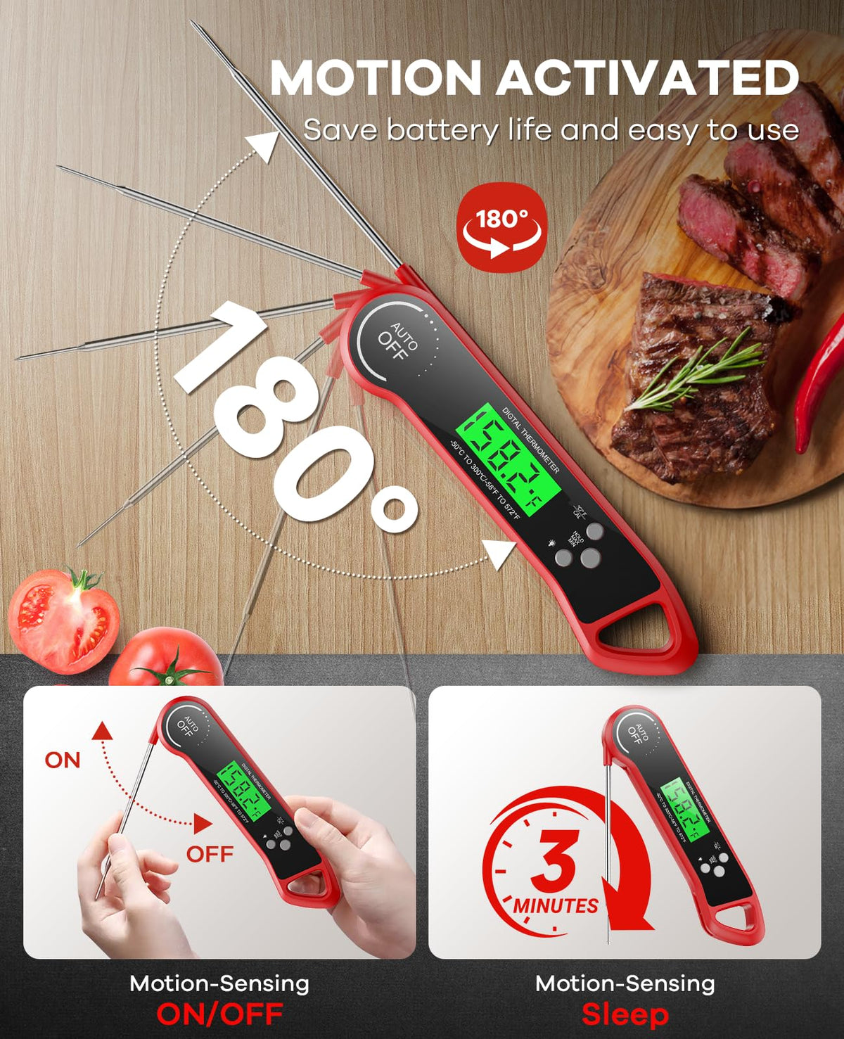SILVLF Meat Thermometer Digital, Instant Read Thermometer with Backlight, Calibration & Hold Function, Waterproof Food Thermometer for Kitchen and Outside, BBQ, Turkey, Candy, Liquids, Beef (Red)