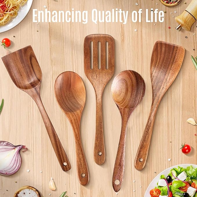 5 PCs Teak Wooden Utensil Set with Hooks, Wooden Spoons for Cooking, Wood Cooking Utensils Set, Comfort Grip, Non Stick Cookware, Easy to Clean, Kitchen Stuff, Wood Spatula