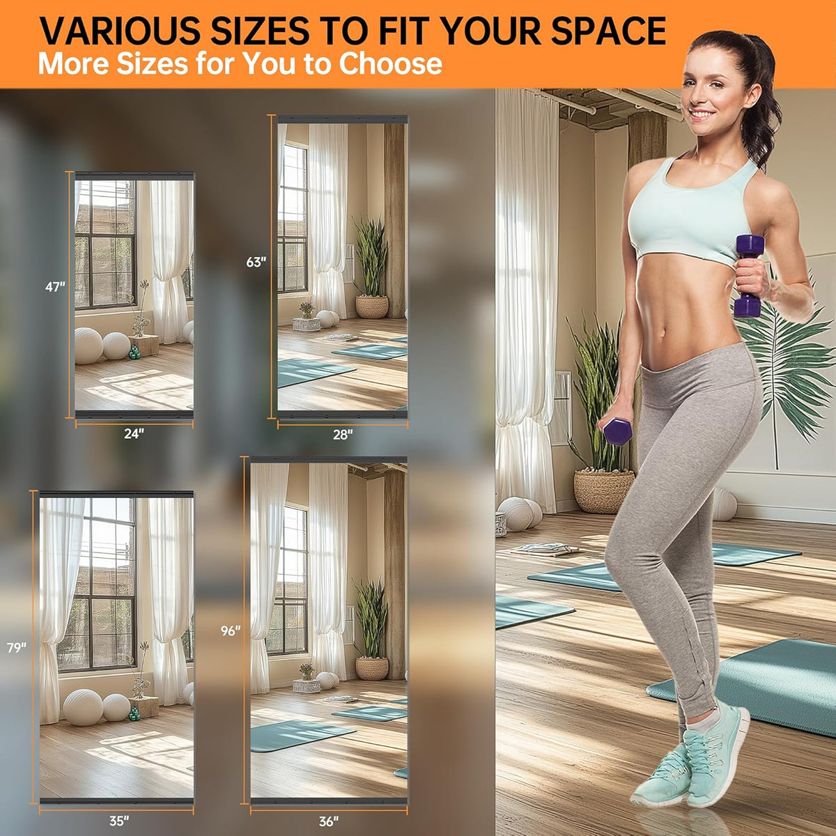 Hasipu 2 Pcs 55''x17'' Home Gym Mirror Large Full Length Wall Mounted Full Body Mirror for Yoga Dance Fitness Exercise Studio Bedroom Garage, Frameless Tempered Glass Workout Mirrors Black Rectangular