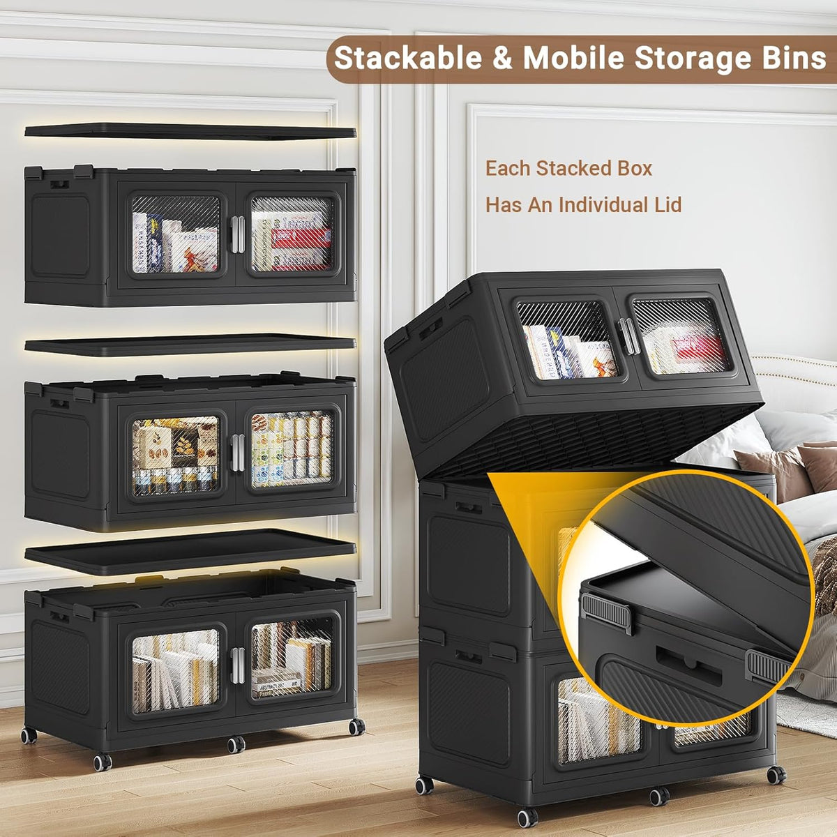 220 Qt Stackable Storage Bin with Lids, 55Gal Extra Large Collapsible Storage Boxes, Folding Plastic Drawer, Heavy-Duty Store Cabinet, Closet Organizer for Home Kitchen, 1 Pack Black