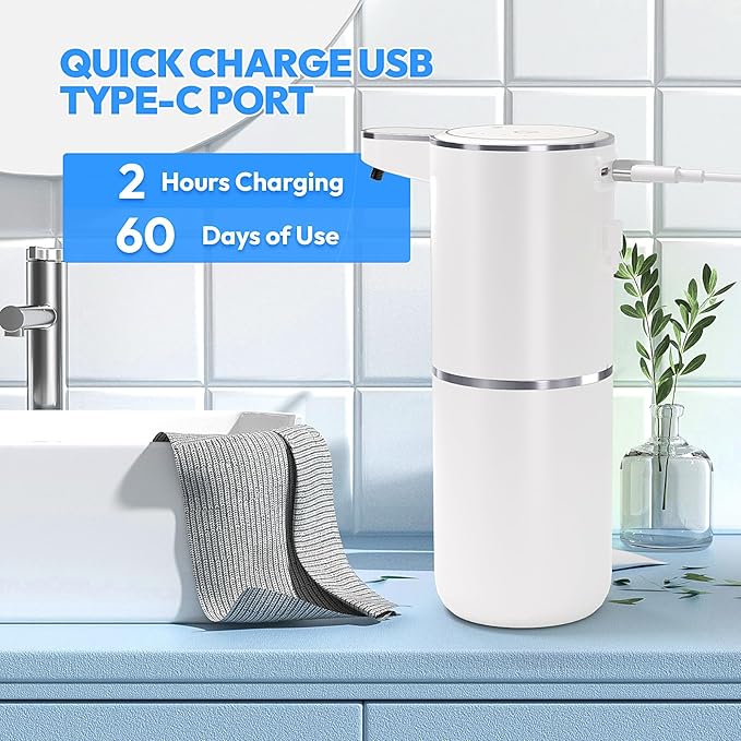 Automatic Soap Dispenser Touchless,Liquid Hand Soap Dispenser 12.8oz USB 4levels Adjustable Dispenser Electric Wall Mounted Smart for Bathroom and Kitchen Dish Soap，Easy for Toddlers(White)