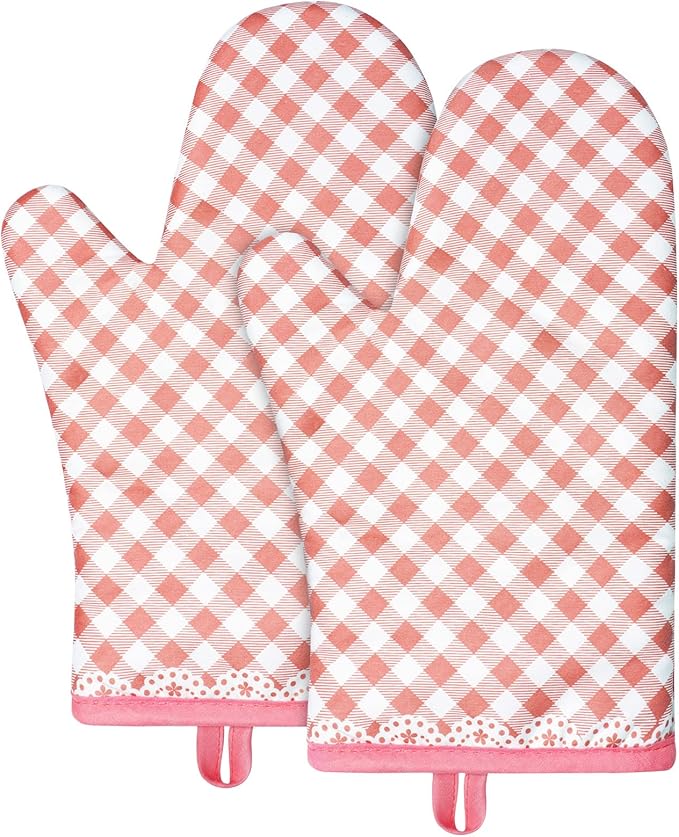 AUAUY Pink Oven Mitts, Kitchen Mittens, 392F Heat Resistant Non-Slip Gloves for Cooking, Baking, BBQ, Grilling - Cotton Infill, 1 Pair
